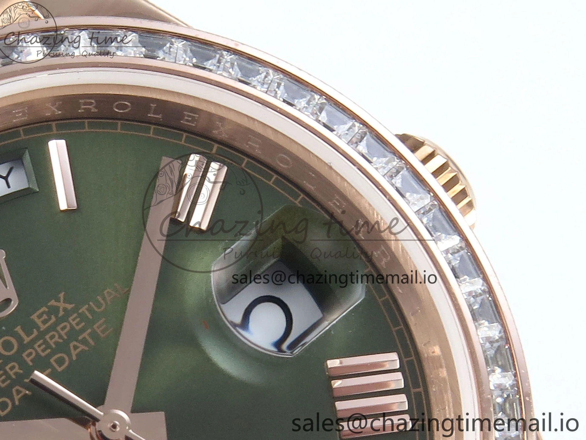 MiroTime 0310 Trendsetting DayDate 40 RG QF 1:1 Best Edition Green Roman Dial Diamonds Bezel on President Bracelet A2836 V5 (Gain Weight) 468